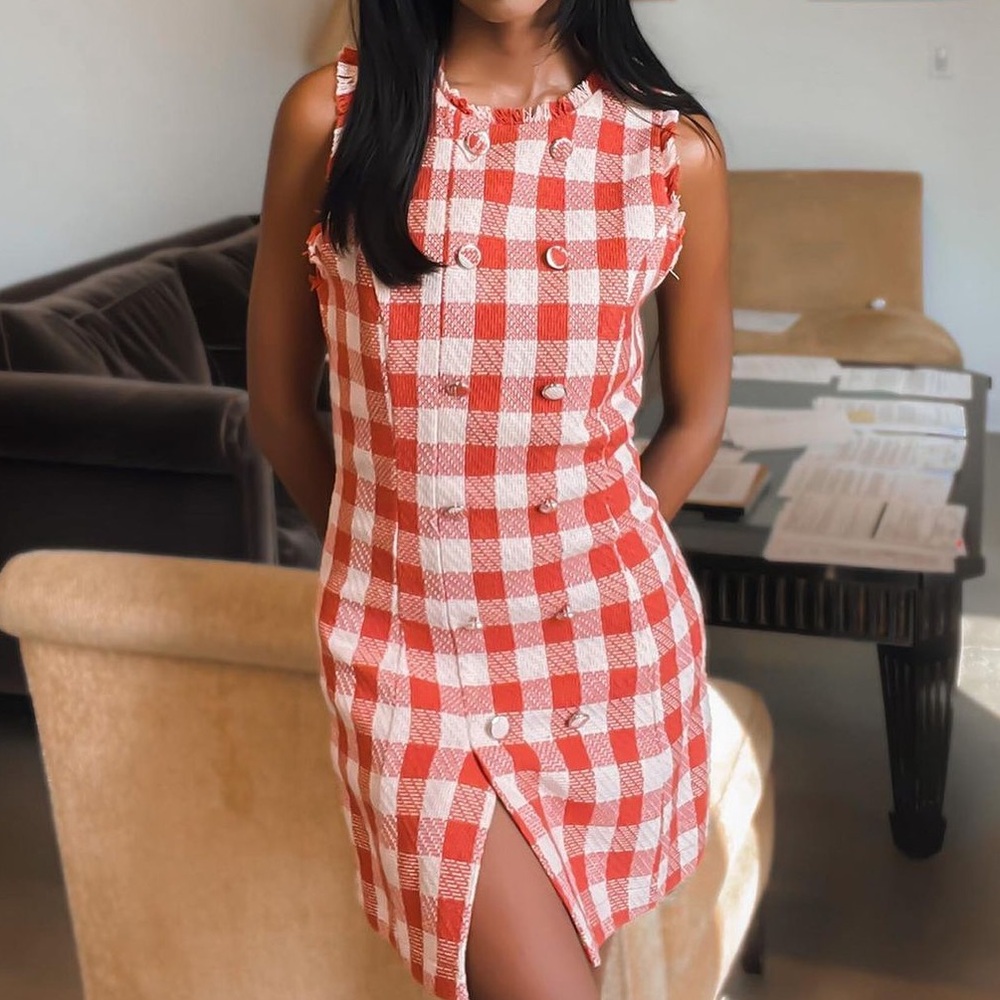 Pink and Orange Tweed Button Dress